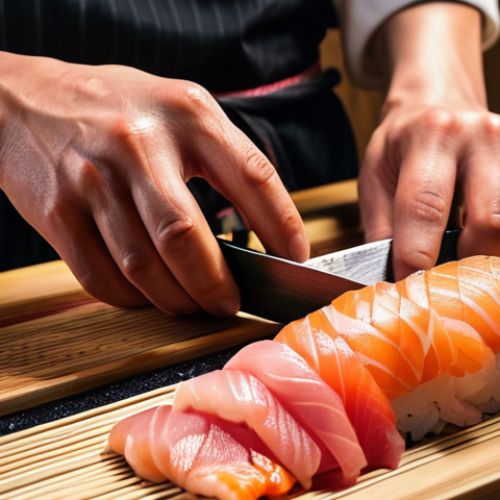 Home 27 **Close-up of a sushi chef's hands meticulously slicing sashimi. Focus on the precision of the knife and the texture of the fish. Add a background with a traditional Japanese kitchen setting, soft lighting.** (Focus: Sushi/Sashimi Skill)