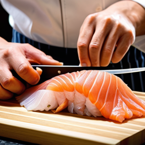 Home 26 A close-up shot of a skilled chef's hands delicately slicing fresh, vibrant sashimi-grade fish with an authentic, long-bladed Yanagiba knife. Emphasize the razor-sharp edge, the knife's perfect balance, and the precise, clean cut, illustrating the "soul of Japanese cuisine." The background should be a subtly blurred, elegant Japanese kitchen setting, highlighting the artistry and mastery involved in preparing raw fish.