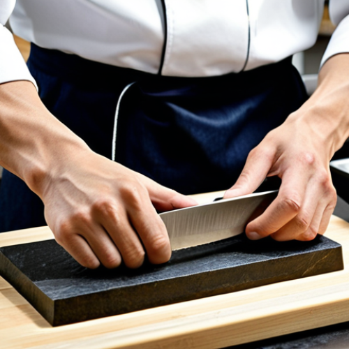 Home 12 **Professional Japanese Chef Sharpening Knives:** "A professional Japanese chef in a clean, modern kitchen, carefully sharpening a traditional Japanese knife with a whetstone, fully clothed in a chef's uniform, appropriate attire, safe for work, perfect anatomy, well-formed hands, proper finger count, natural pose, professional photography, high quality, modest."