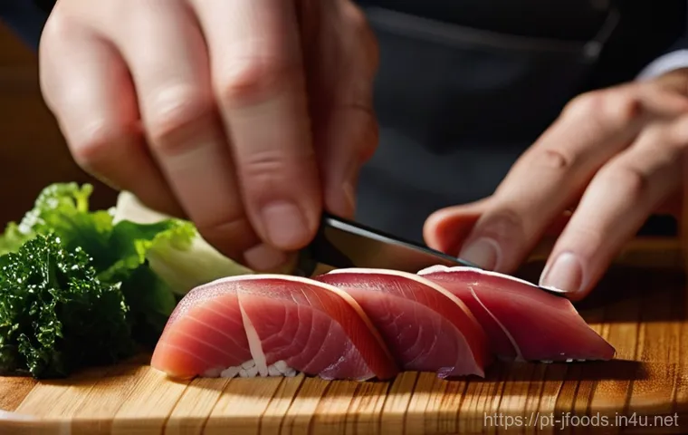 일식조리 기능사 필기시험 기출문제 - **Prompt:** A close-up, high-definition shot focusing on a chef's clean, professional hands expertly...