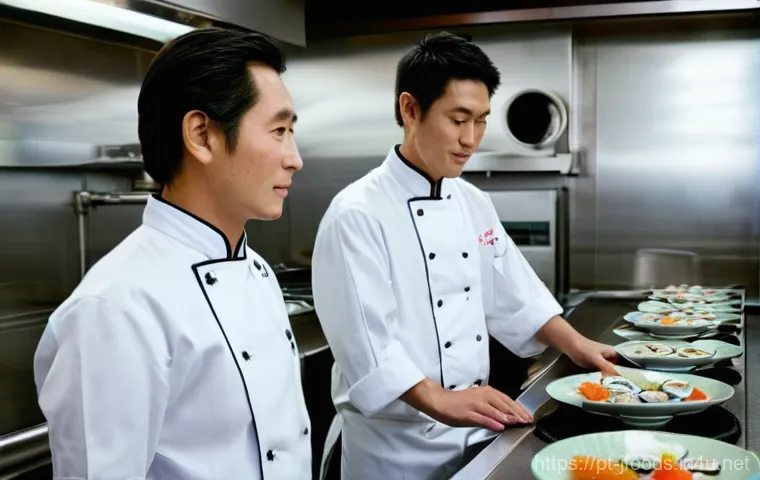 일식조리 기능사 이론 시험 공부법 - **Prompt:** "A male Japanese chef, in his 40s, demonstrates precise knife skills while preparing sas...