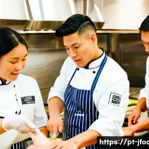 Home 24 일식조리사 자격증 대비 스터디 그룹 조직 - A diverse group of 4-5 adult students (e.g., 2 men, 3 women) in clean, professional chef jackets and...
