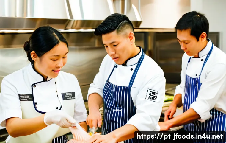 일식조리사 자격증 대비 스터디 그룹 조직 - A diverse group of 4-5 adult students (e.g., 2 men, 3 women) in clean, professional chef jackets and...