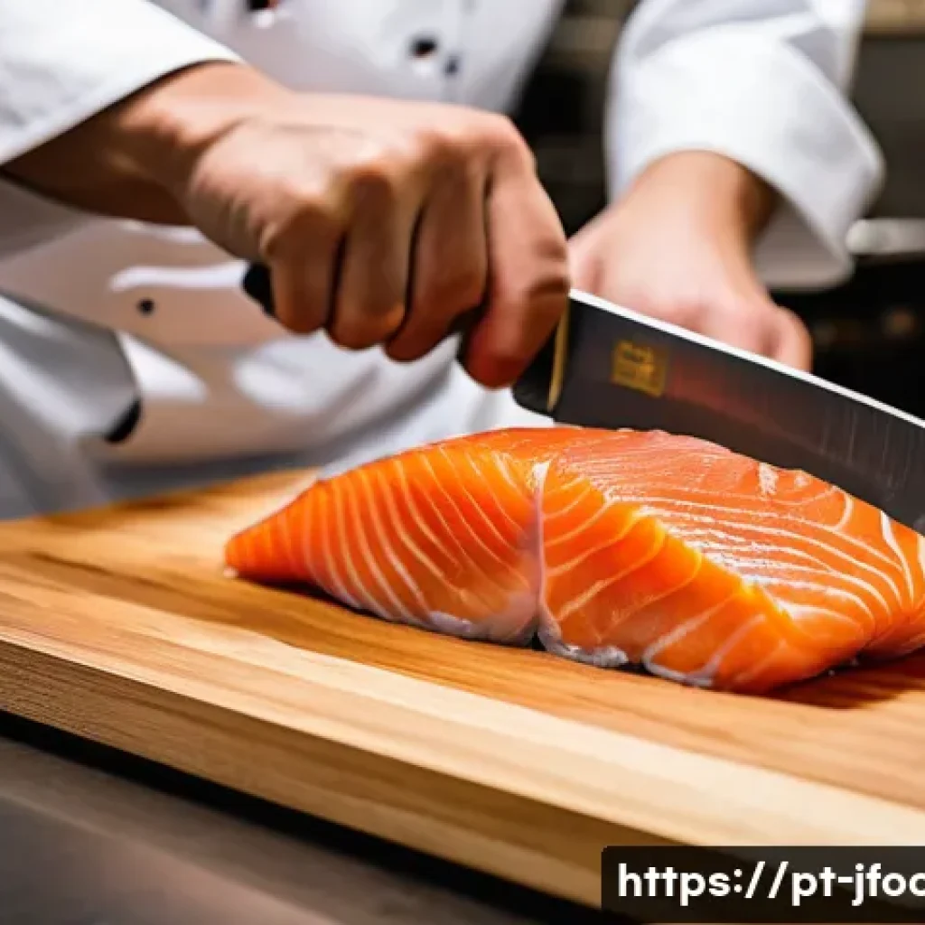 일식조리 기능사 시험 중 유용한 팁 - A professional Japanese chef in a modern kitchen expertly slicing fresh sashimi-grade fish with a sh...