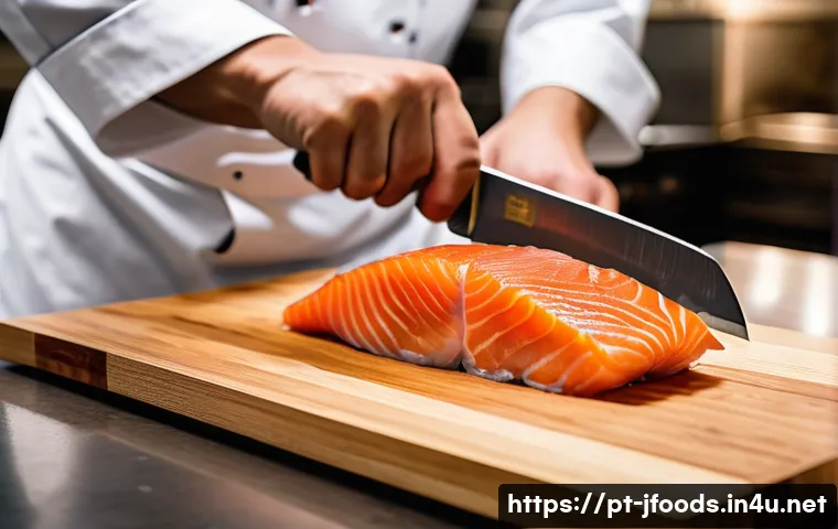 일식조리 기능사 시험 중 유용한 팁 - A professional Japanese chef in a modern kitchen expertly slicing fresh sashimi-grade fish with a sh...