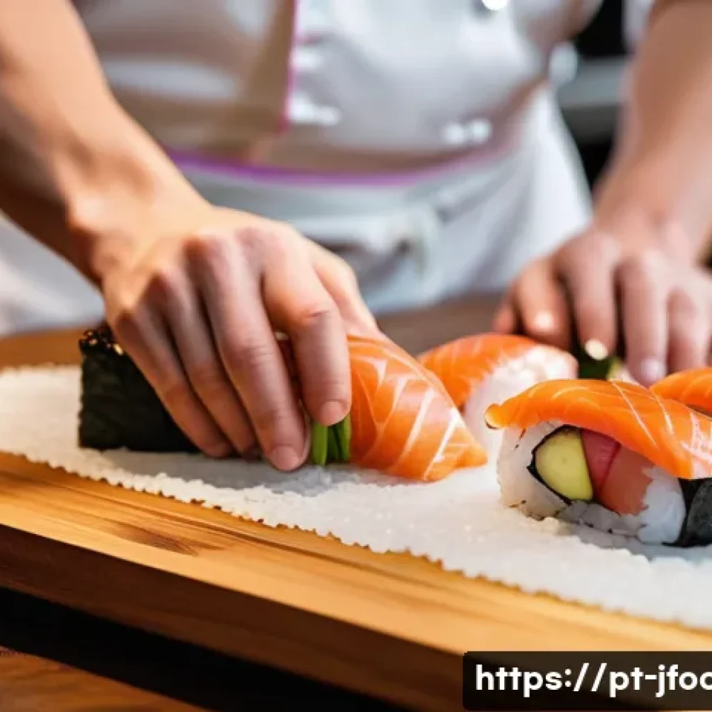 일식조리사로서의 성공적인 커리어 경로 - A skilled sushi chef in a modern Japanese restaurant kitchen, wearing traditional chef attire and a ...