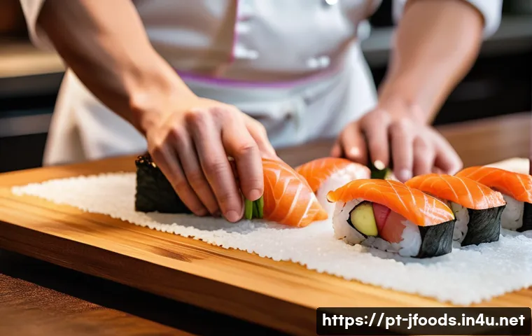 일식조리사로서의 성공적인 커리어 경로 - A skilled sushi chef in a modern Japanese restaurant kitchen, wearing traditional chef attire and a ...