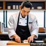 Home 22 일식조리사 연봉 협상 전략 - A professional Japanese chef in a modern São Paulo restaurant kitchen, wearing traditional chef’s at...
