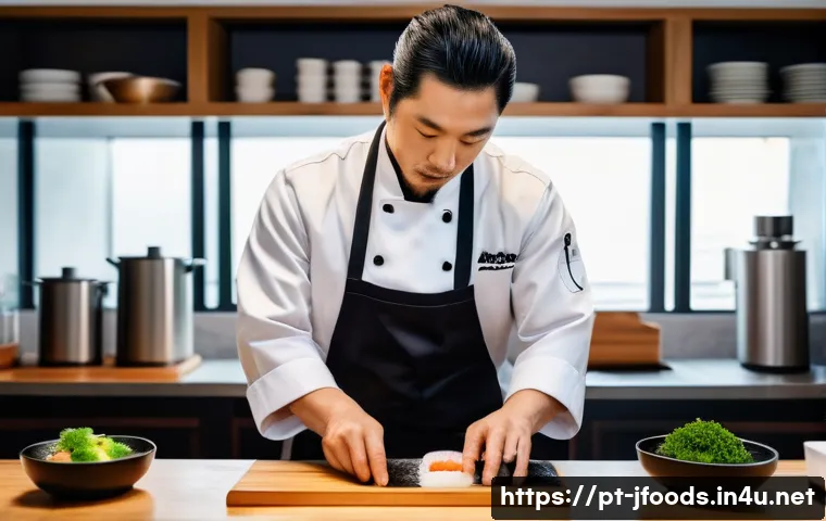 일식조리사 연봉 협상 전략 - A professional Japanese chef in a modern S&atilde;o Paulo restaurant kitchen, wearing traditional chef&rsquo;s at...