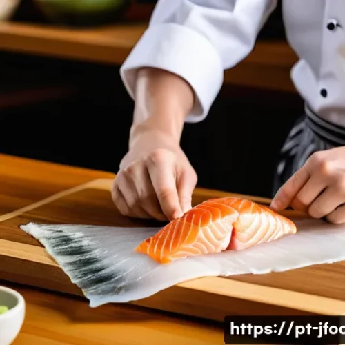 Home 33 일식조리사로 일하며 배우는 실무 기술 - A skilled Japanese chef wearing a traditional white chef uniform with a clean apron, expertly slicin...