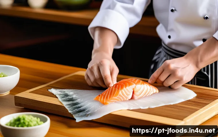 일식조리사로 일하며 배우는 실무 기술 - A skilled Japanese chef wearing a traditional white chef uniform with a clean apron, expertly slicin...