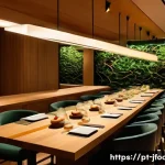 Home 20 일식조리사와 고객 관계 관리 - A serene and elegant sushi bar interior in Brazil during evening hours, featuring warm soft lighting...