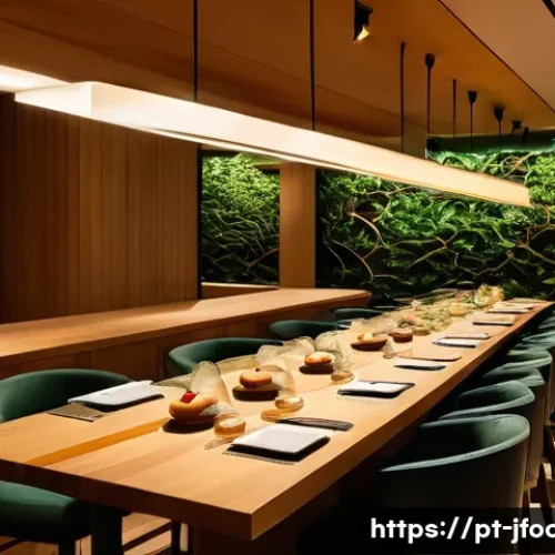 Home 32 일식조리사와 고객 관계 관리 - A serene and elegant sushi bar interior in Brazil during evening hours, featuring warm soft lighting...