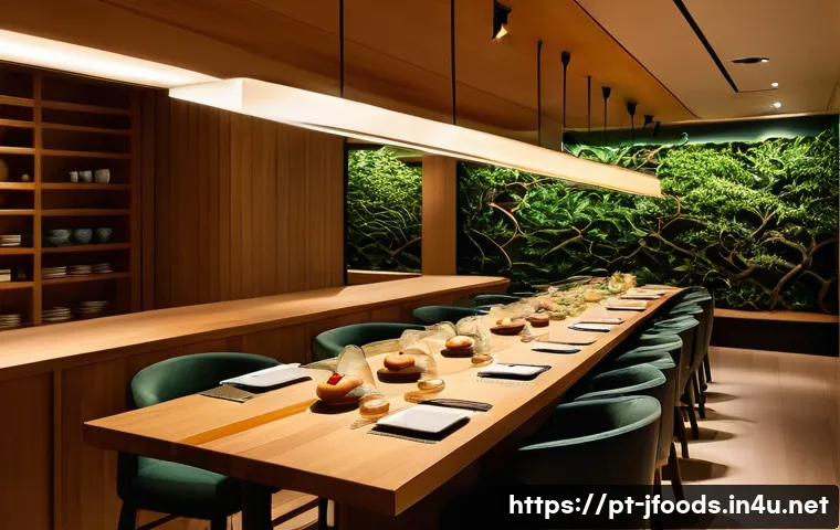 일식조리사와 고객 관계 관리 - A serene and elegant sushi bar interior in Brazil during evening hours, featuring warm soft lighting...