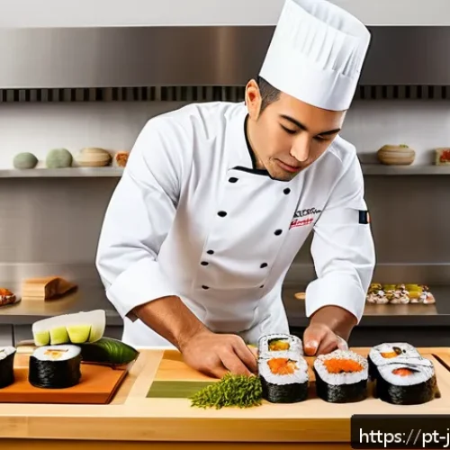 Home 30 일식조리사 해외 연수 경험담 - A vibrant international kitchen scene showing a sushi chef collaborating with diverse culinary profe...