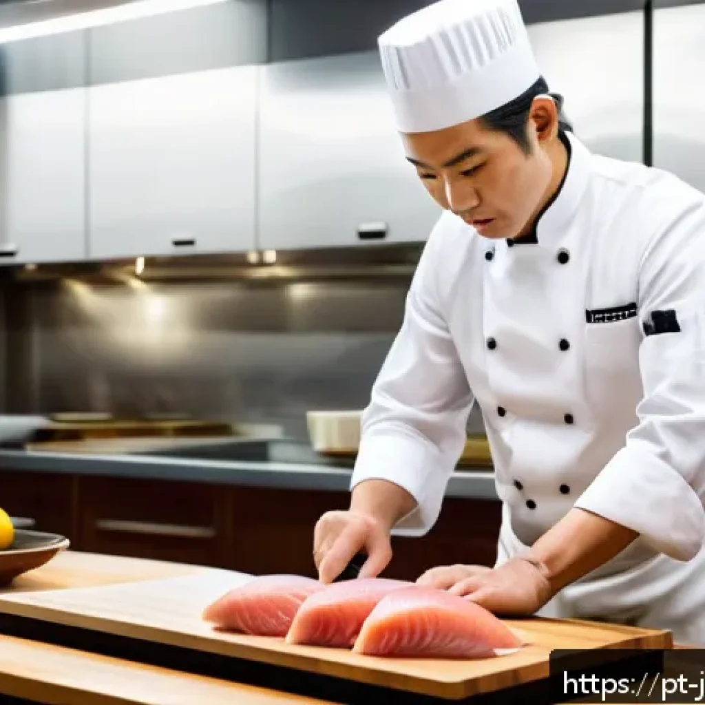 일식조리사의 하루 일과 - A skilled Japanese chef in a modern kitchen meticulously selecting fresh ingredients for sushi prepa...