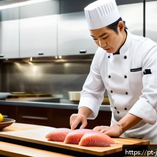 Home 17 일식조리사의 하루 일과 - A skilled Japanese chef in a modern kitchen meticulously selecting fresh ingredients for sushi prepa...
