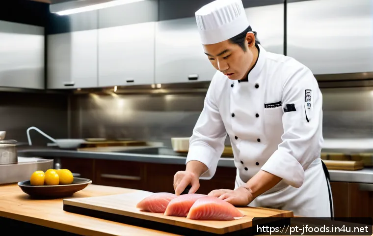 일식조리사의 하루 일과 - A skilled Japanese chef in a modern kitchen meticulously selecting fresh ingredients for sushi prepa...