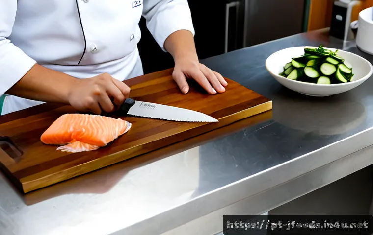 Home 17 일식조리사 실습 현장에서의 꿀팁 - Photorealistic culinary training kitchen in Brazil, focused young adult apprentice in a clean white ...