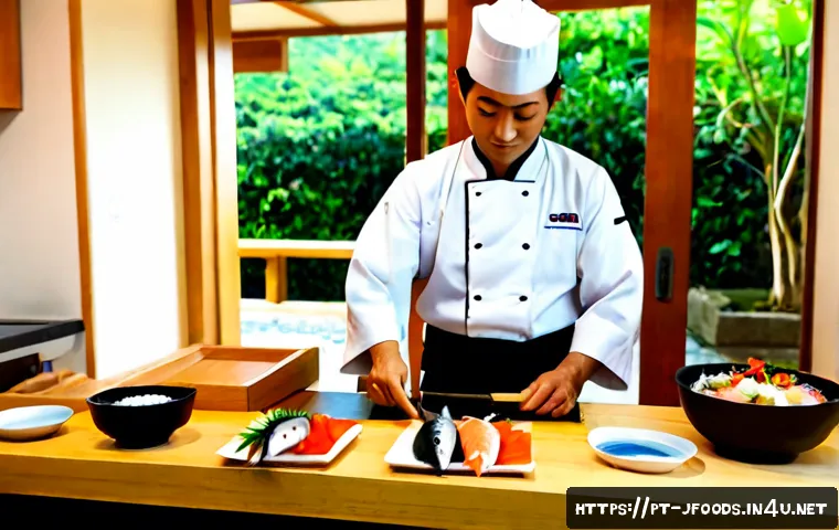 일식조리사로 일하면서 배우는 일본 요리 문화 - Photorealistic Japanese kitchen chef of Brazilian Portuguese background learning traditional sushi p...