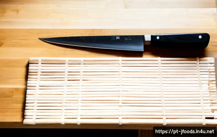 일식조리사 필수 장비 및 도구 - Photorealistic overhead view of essential Japanese chef equipment neatly arranged on a spotless ligh...